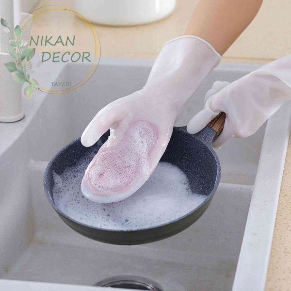 دستکش سیلیکون رنگی پرزدار برای شستشوی میوه و ظروف
